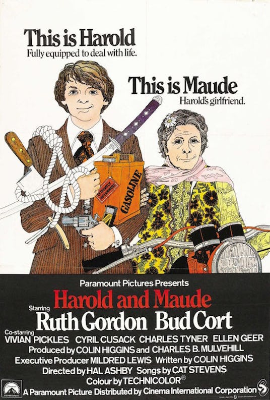 An illustration of Bud Cort and Ruth Gordon on the cover of Harold and Maude 