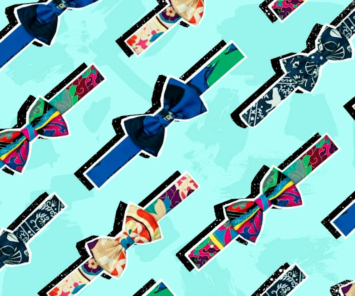 Collage of Hermès' bowtie for women with a turquoise background.