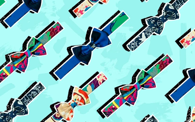 Collage of Hermès' bowtie for women with a turquoise background.