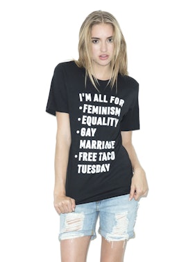 Look Human, I'm All For It Tee, black with words "I'm all for feminism, equality, gay marriage, free...