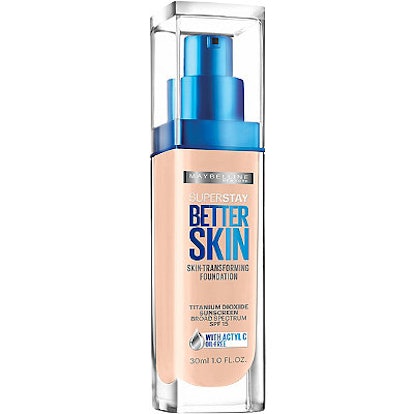Maybelline Superstay Better Skin foundation with a blue pump and blue lettering on the front