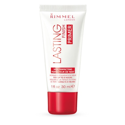 Rimmel London's Lasting Finish skin perfecting primer white package with a red lid and red lettering...