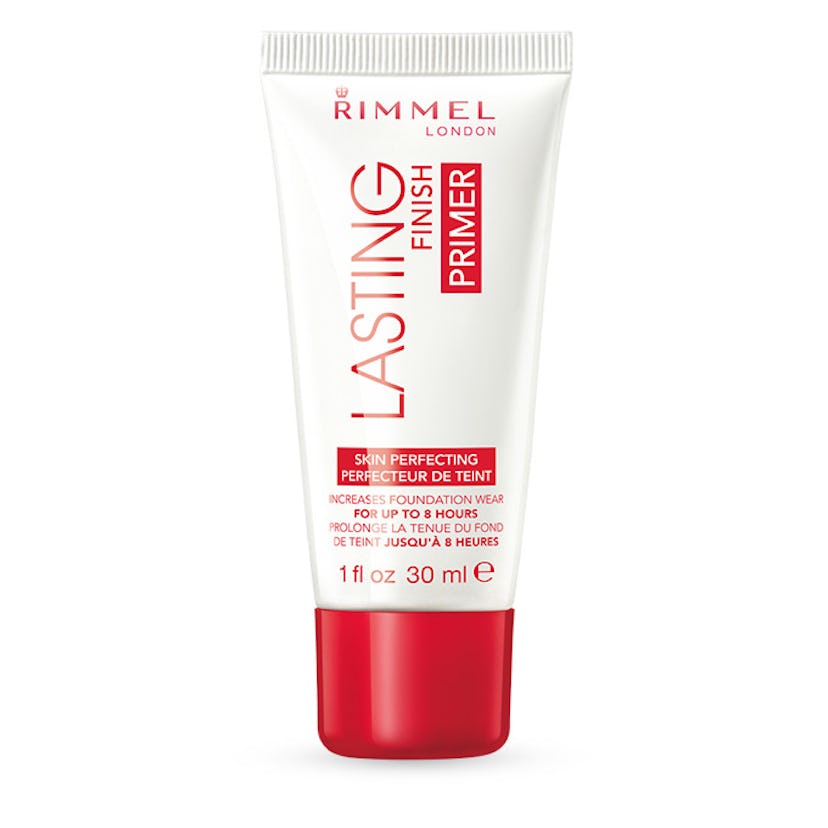 Rimmel London's Lasting Finish skin perfecting primer white package with a red lid and red lettering...