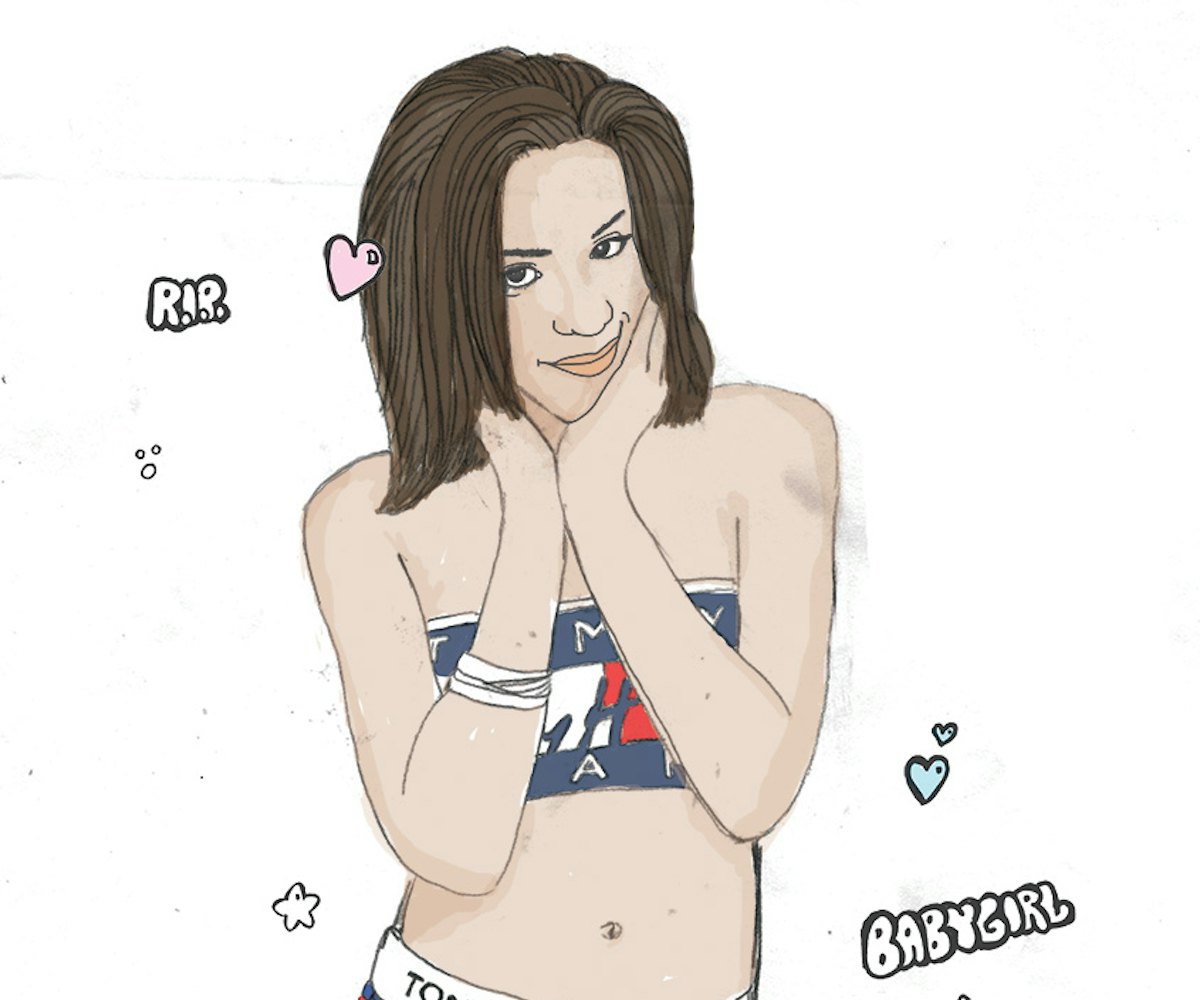 A drawing of Aaliyah in a Tommy Hilfiger bandage top and jeans