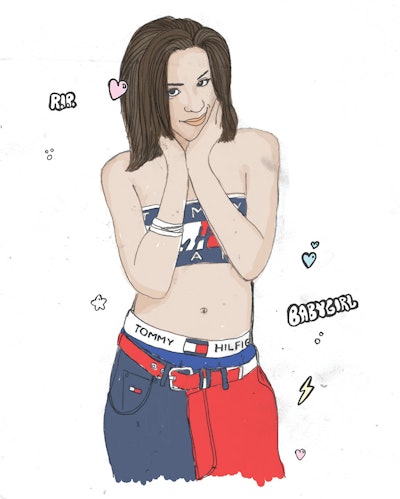 A drawing of Aaliyah in a Tommy Hilfiger bandage top and jeans