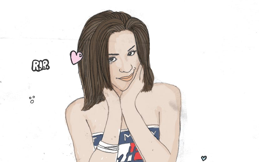 A drawing of Aaliyah in a Tommy Hilfiger bandage top and jeans
