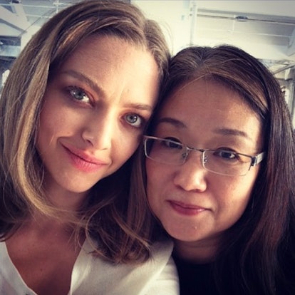 Amanda Seyfried with her new hairstyle of short blonde hair taking a selfie with her friend