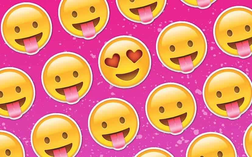 Emojis with their tongue out and heart eyes emojis on a pink background