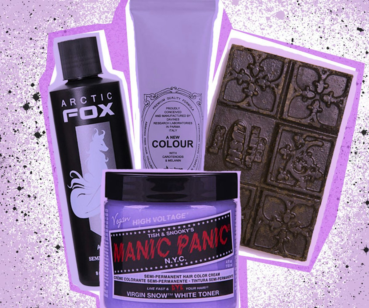 3 cream products for non-toxic hair color and a bar of henna with a lavender background
