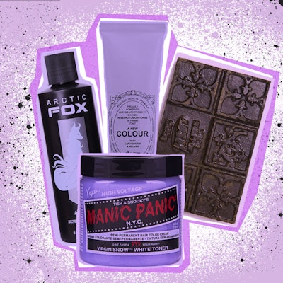 3 cream products for non-toxic hair color and a bar of henna with a lavender background