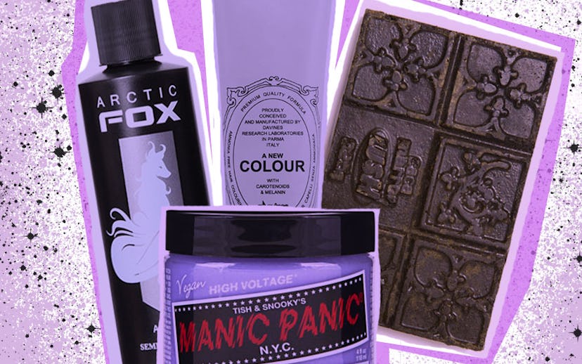 3 cream products for non-toxic hair color and a bar of henna with a lavender background