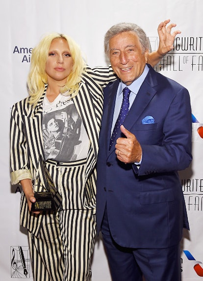 Lady Gaga and singer Tony Bennett reuniting backstage at the Songwriters Hall Of Fame 46th Annual In...