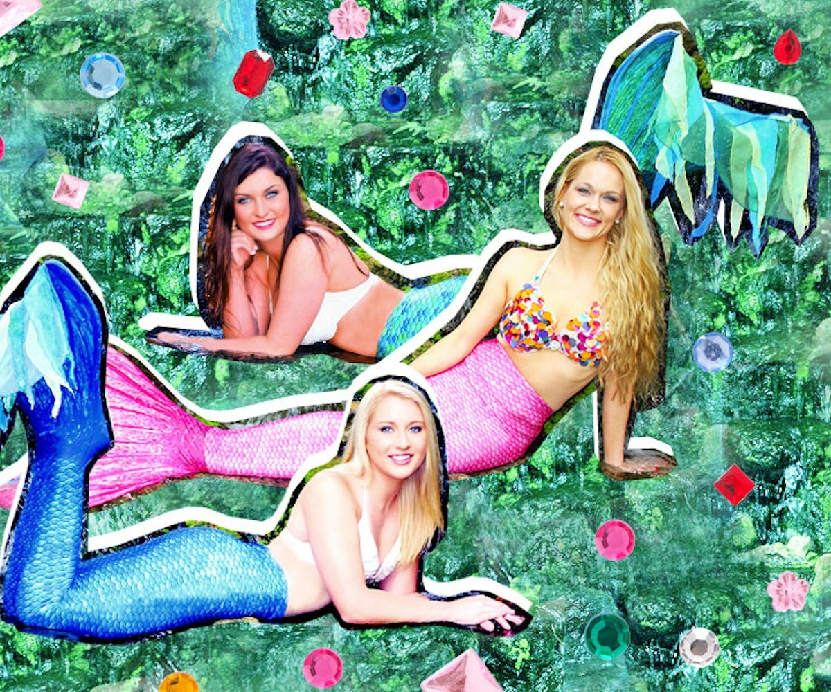 Collage with three girls in mermaid costumes