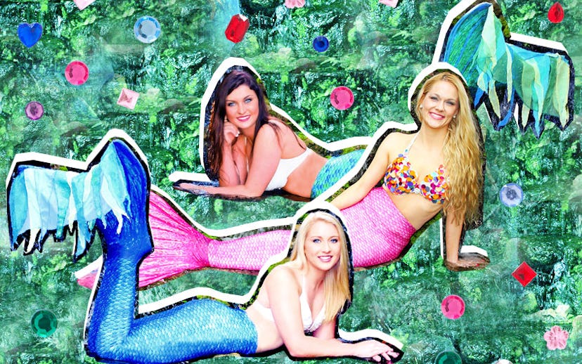 Collage with three girls in mermaid costumes