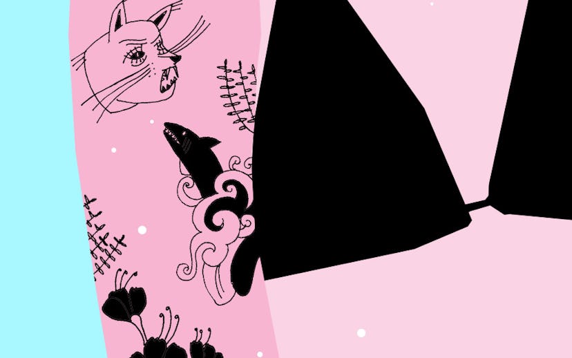 Drawing of a hand tattooed with many tattoos hiding signs of cancer.