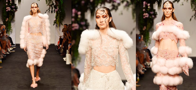 Female models wearing matching lace and sequin off-white sets with fur accents