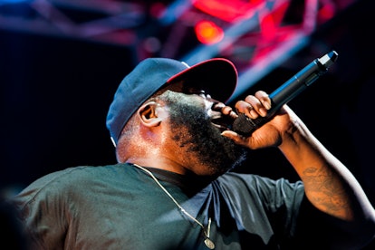 Killer Mike, a rapper from "Run the Jewels" rapping duo, performing at a festival