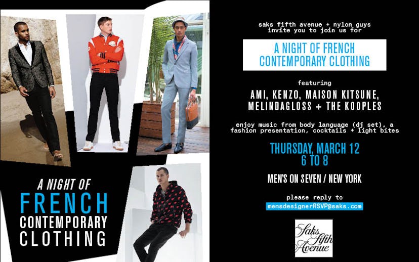 A cover for an event: A Night of Contemporary French Clothing with a list of the designers
