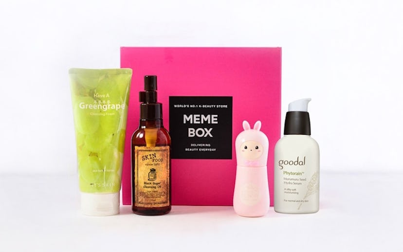 A Korean Beauty Starter Kit from Memebox, that contains four products, a cleansing oil, a cleansing ...