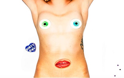 Naked body with fake eyes instead of nipples and a fake mouth instead of belly button