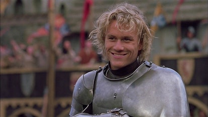Smiling Heath Ledger in knight's armor from the "A Knight's Tale" movie
