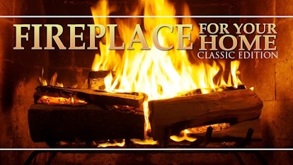 Poster for "The Fireplace for Your Home" movie, with wood and fire in a fireplace, and the film's ti...