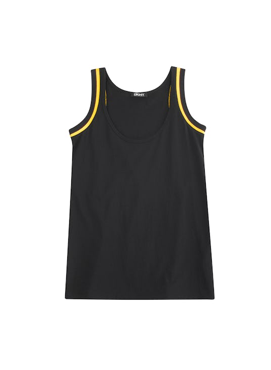 Black sleeveless shirt with yellow lines from the Cara Delevingne's DKNY capsule collection