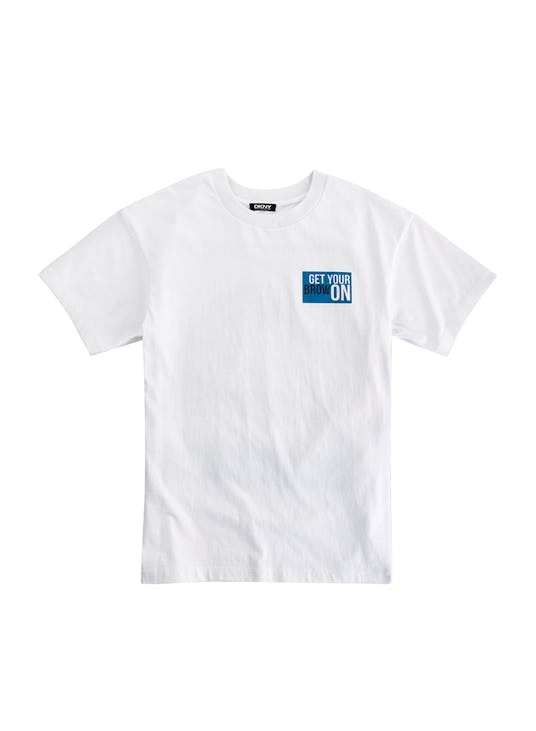 White t-shirt with a blue box containing text from the Cara Delevingne's DKNY capsule collection