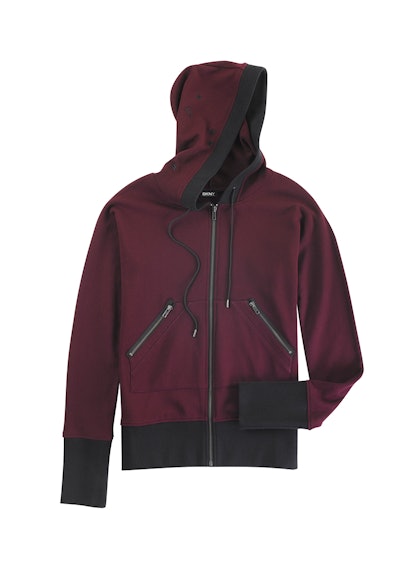 Dark red hoodie with one sleeve on pocket from the Cara Delevingne's DKNY capsule collection