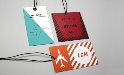 50s-inspired luggage tags in turquoise and white, in blue and white, and in maroon and red