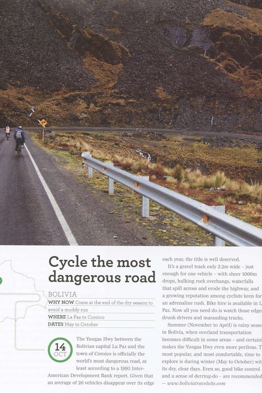 A page with text about cycling the most dangerous road and a photo of two people cycling their bicyc...