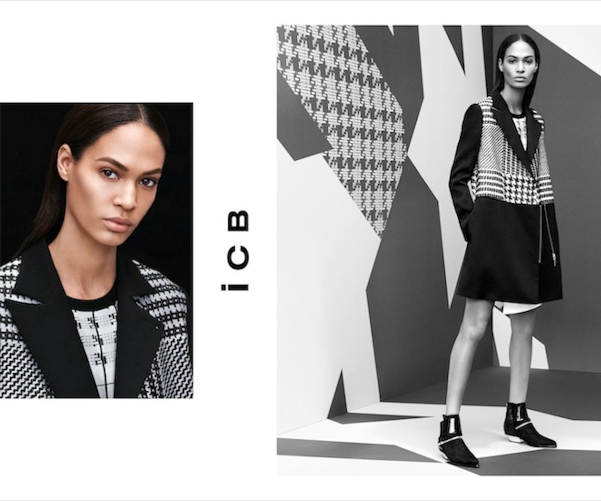 A two-part collage in black and white with model Joan Smalls in a contrasting tweed-plain coat on th...