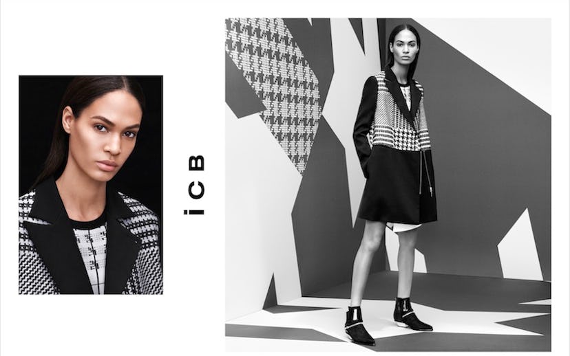 A two-part collage in black and white with model Joan Smalls in a contrasting tweed-plain coat on th...