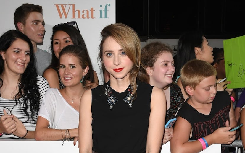 Zoe Kazan posing in Miu Miu cap-toe kicks and in a bejeweled collar at the premiere of What If