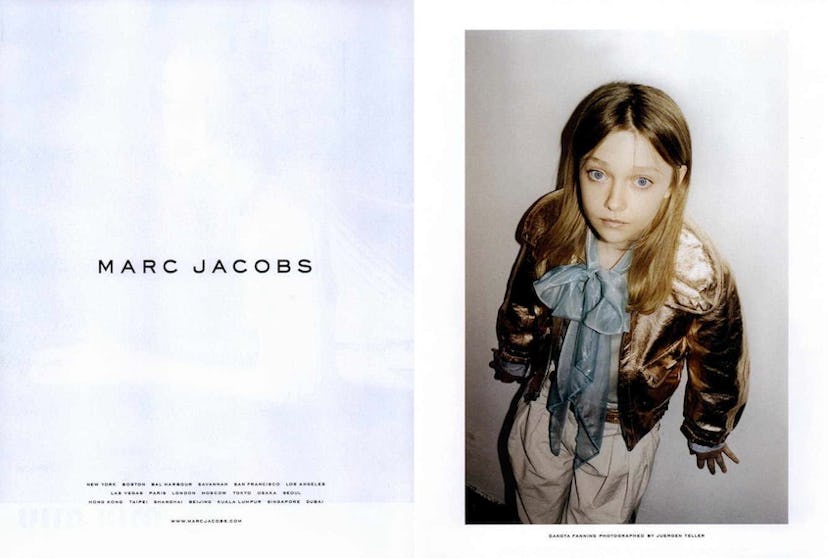 Young Dakota Fanning wearing a golden Marc Jacobs jacket and white trousers from 2007 Spring/Summer ...