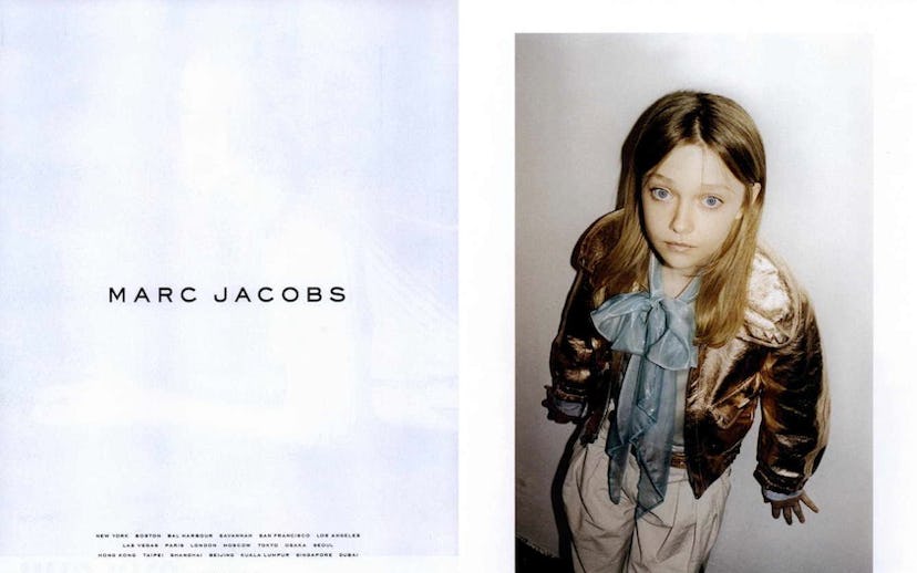 12-year old Dakota Fanning wearing Marc Jacobs golden jacket and white trousers in the 2007 photosho...