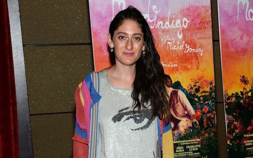 Arden Wohl at the Mood Indigo premiere in New York in a gray sequin dress with a face print and long...