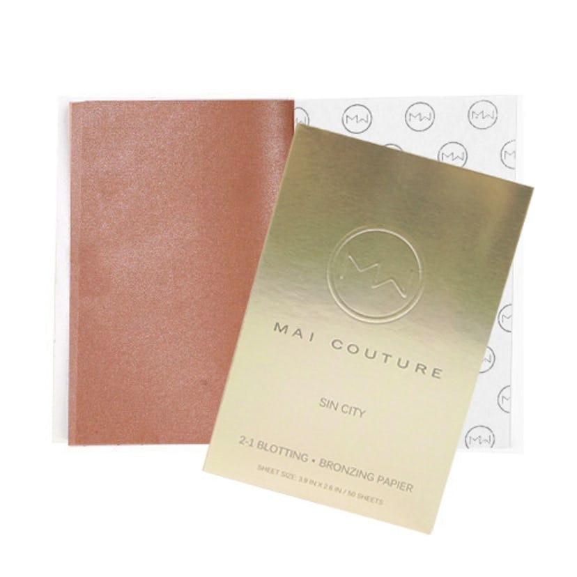 Mai Couture 2-in-1 package of bronze and blot papers in a gold, white and brown packaging