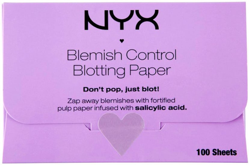 A violet packaging box of NYX Cosmetics blemish control blotting papers