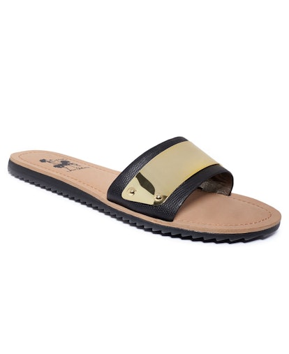 Circus by Sam Edelman Skyler flat sandals with a black strap on top with a golden plaque 