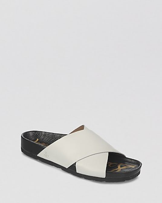 Sam Edelman Adora flatbed sandals in black with white straps on top 