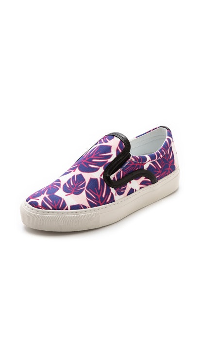White Mother Of Pearl Achilles slip-on sneakers with blue and pink monstera leaves
