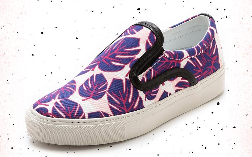 White Vans with blue and pink monstera leaves