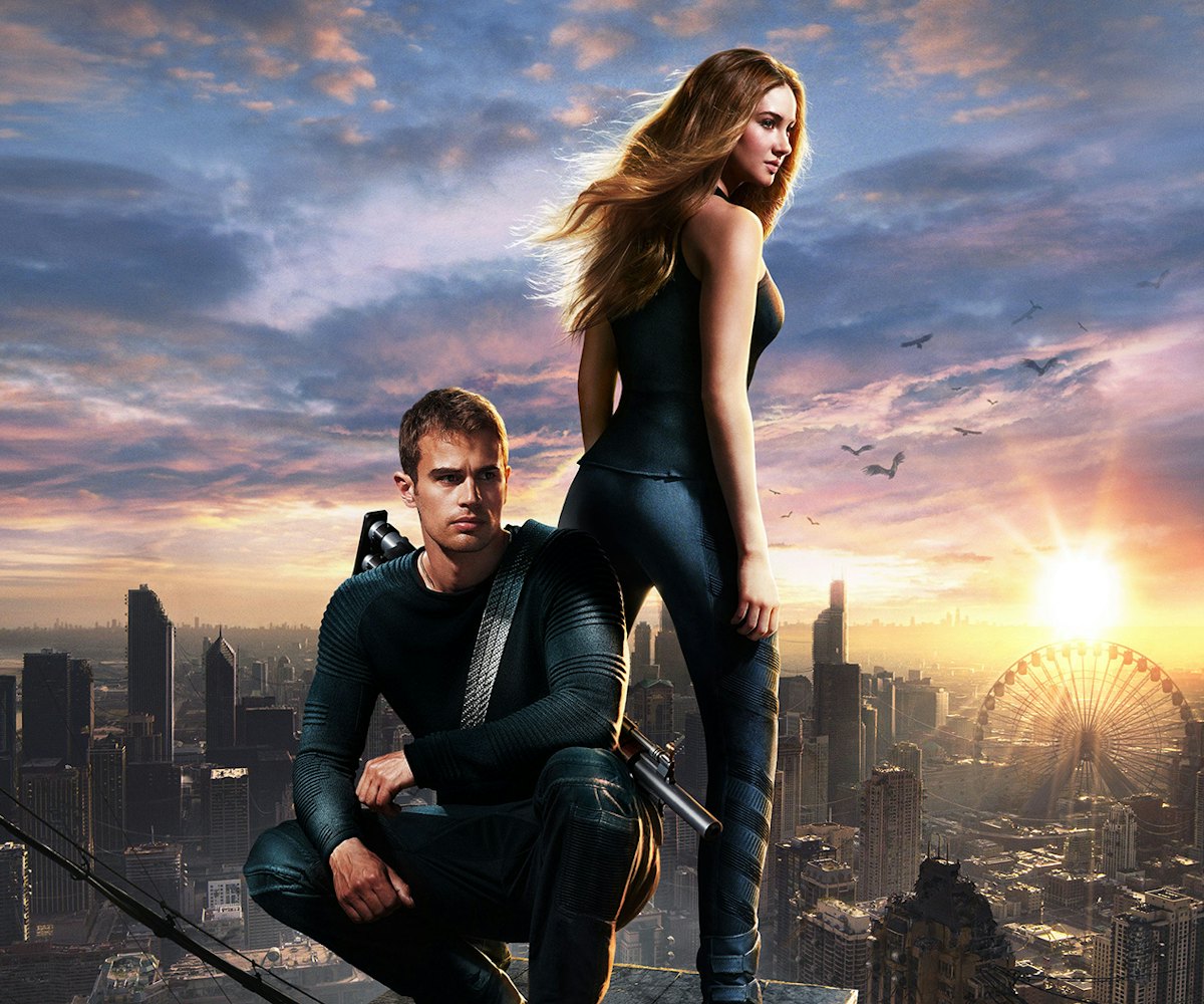 A poster form the movie Divergent that includes Tris played by Shailene Woodley and Four played by T...