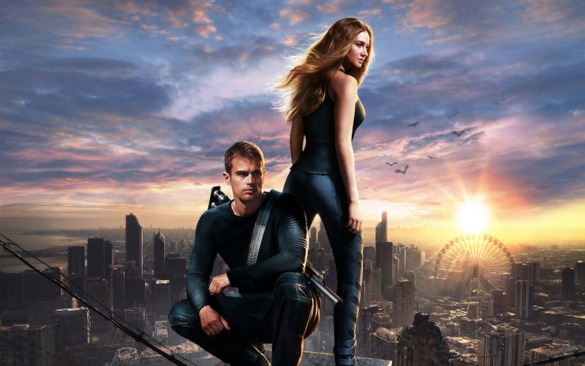 A poster form the movie Divergent that includes Tris played by Shailene Woodley and Four played by T...
