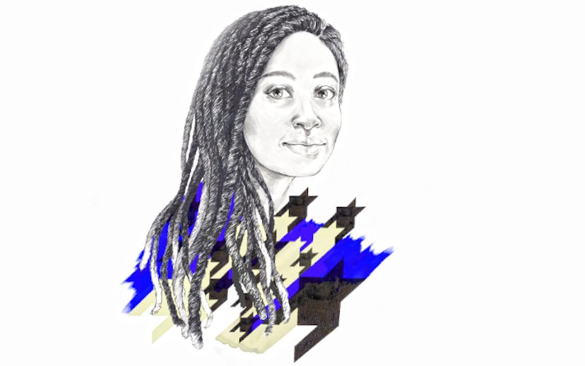 Helen Oyeyemi black and white drawing with facial details and some black and blue stars