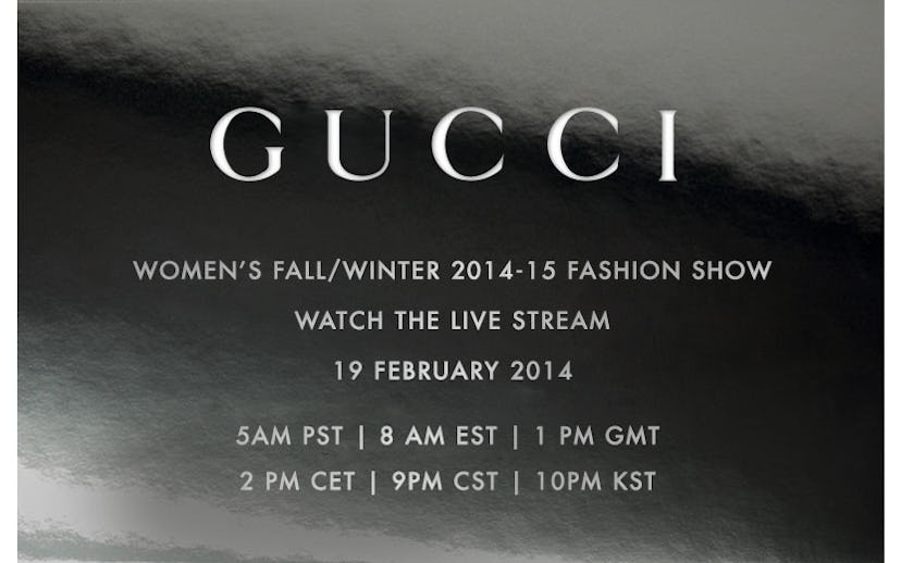 Black and white Gucci announcement poster for the live stream of the fall/winter '14 show