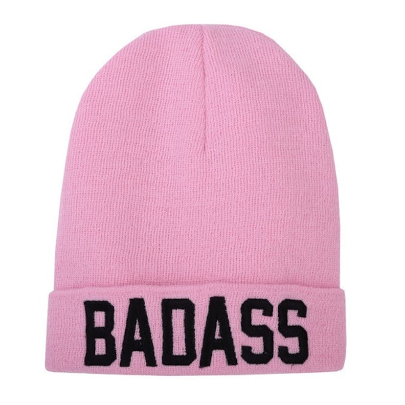 Pink skater hat for winter with the word "Badass" from the Nylon Shop 