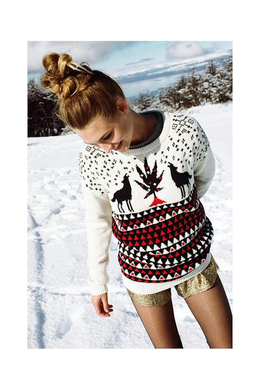 Model in a Christmas sweater from Urban Outfitters