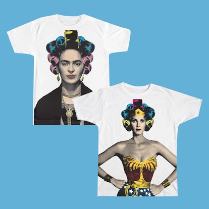 White Peralta Project t-shirts with Frida Kahlo and Wonder Woman with rollers in their hair 
